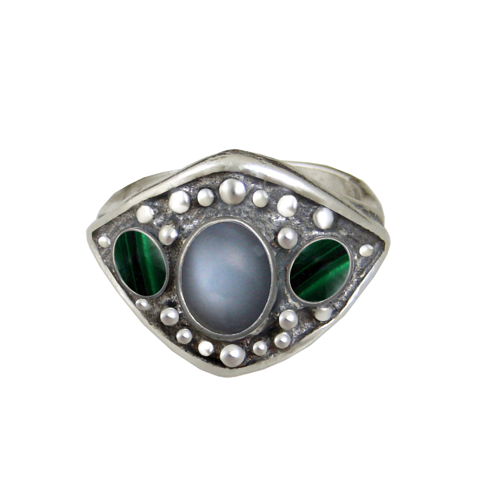 Sterling Silver Medieval Lady's Ring with Grey Moonstone And Malachite Size 8